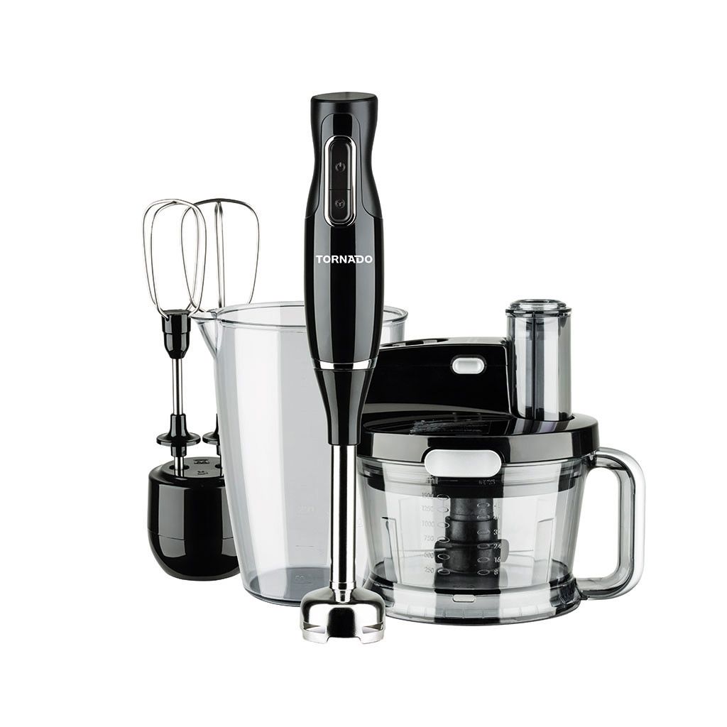 خلاط يدوي تورنيدو 1000 وات + محضره طعام + مضرب بيض اسود THB-1000MK